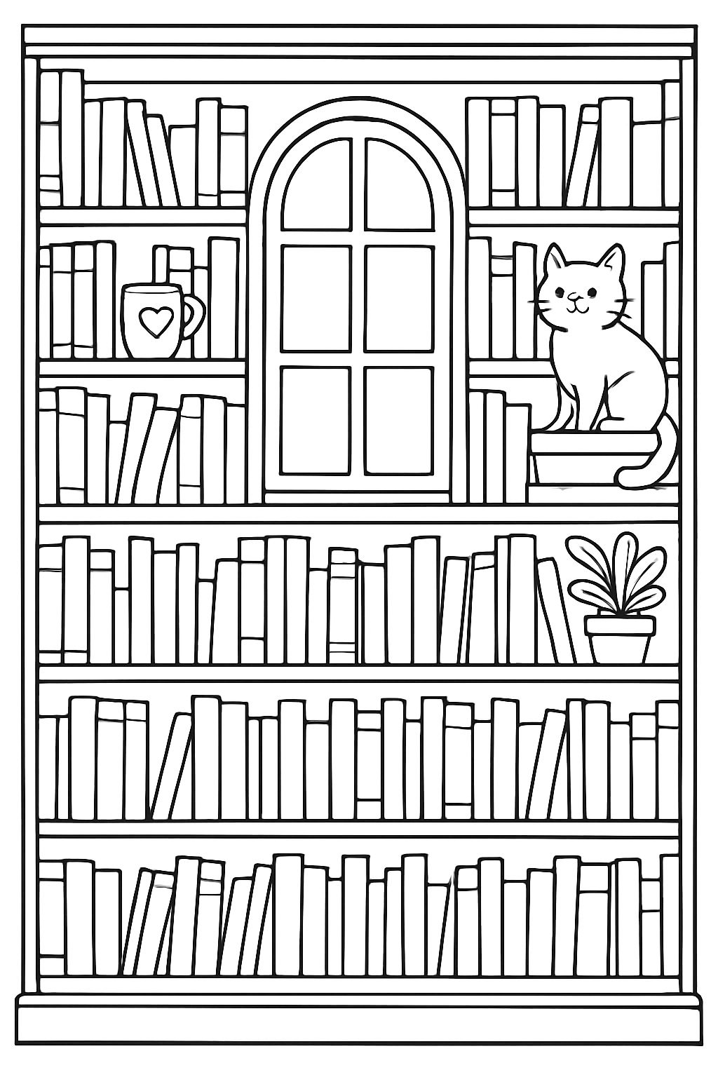 Quisiera una biblioteca se muestre de frente, en el medio una ventana. Que no aparezca ninguna persona, solo estantes y libros. Apoyados en los estantes alguna taza con un corazón, un gato, una planta.