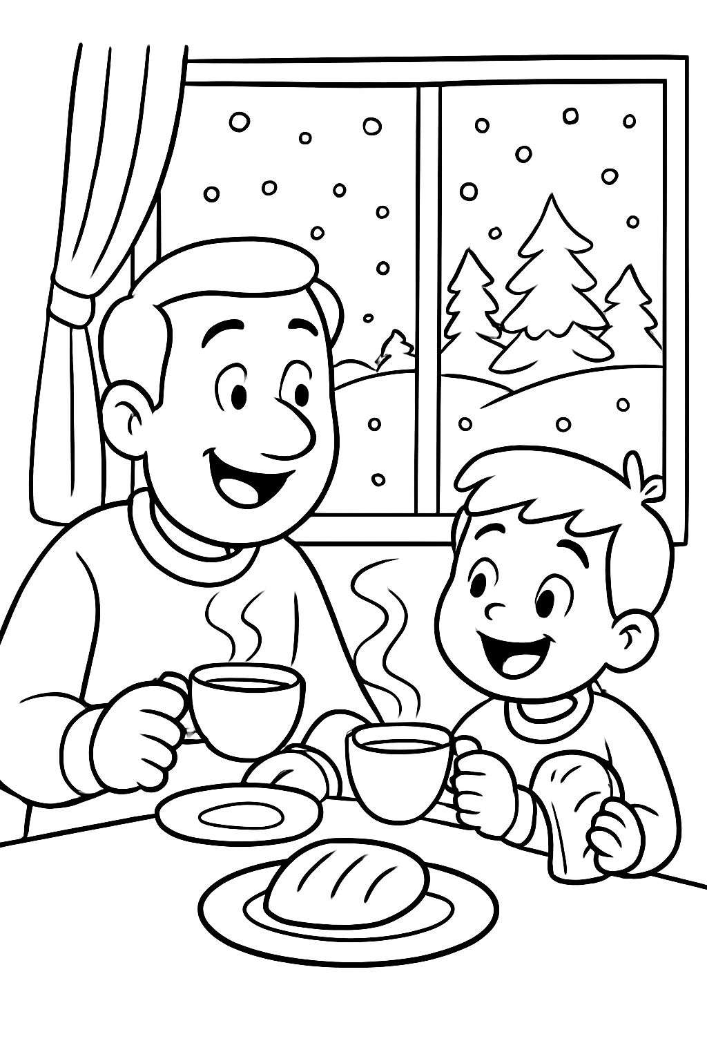 Dad and son drinking tea and eating bread inside the house while there is snow outside. Dad and son drinking tea and eating bread inside the house while there is snow outside.