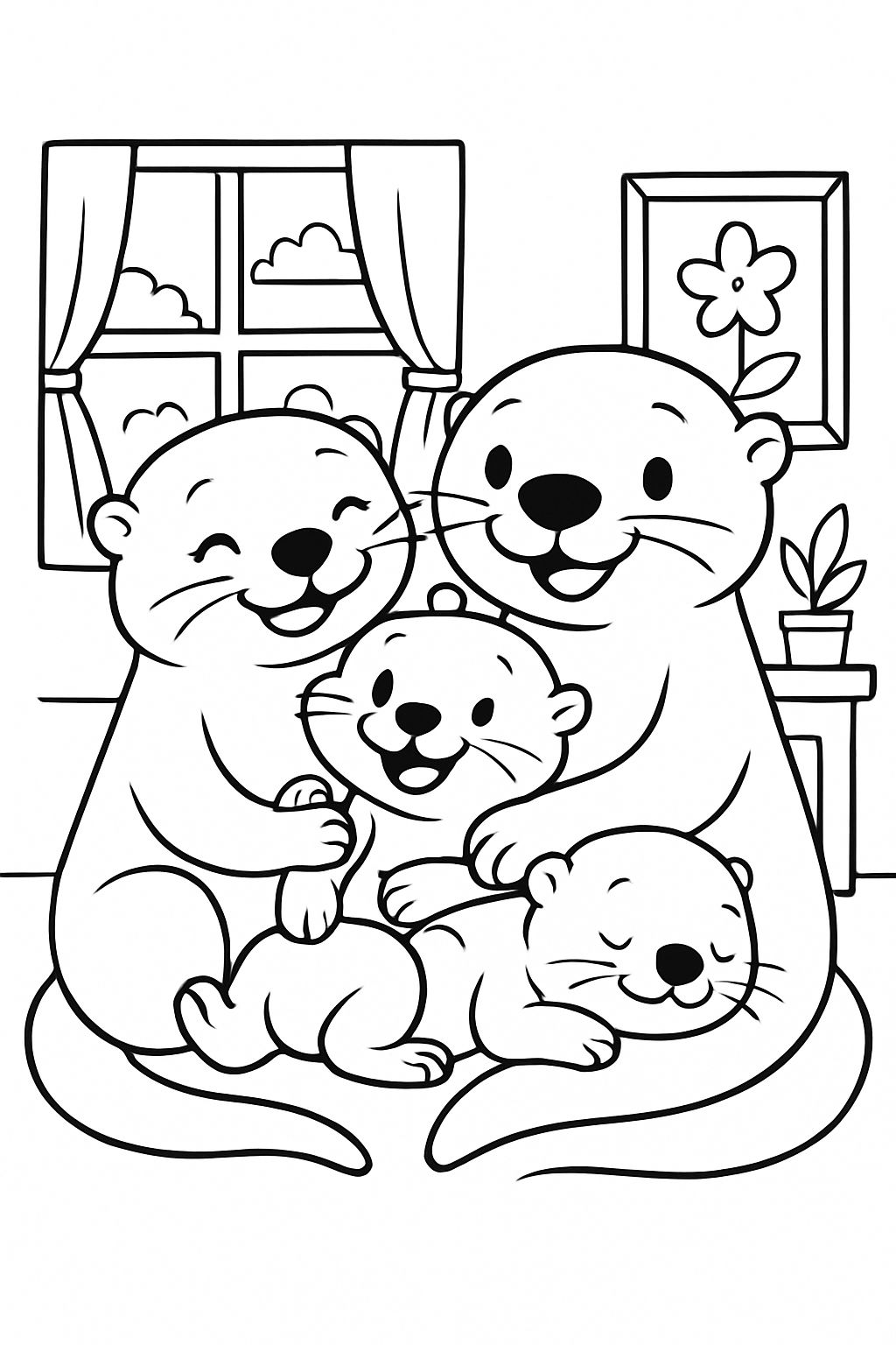 uma família de lontras se aconchegando em casa