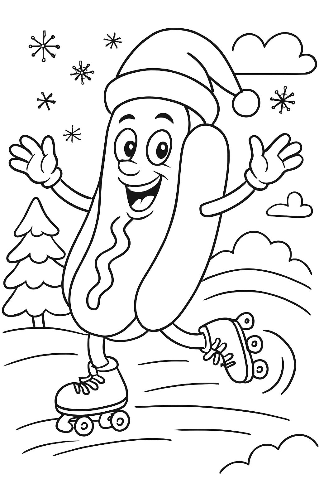 un hot dog de Noël qui fait du patin à roulettes