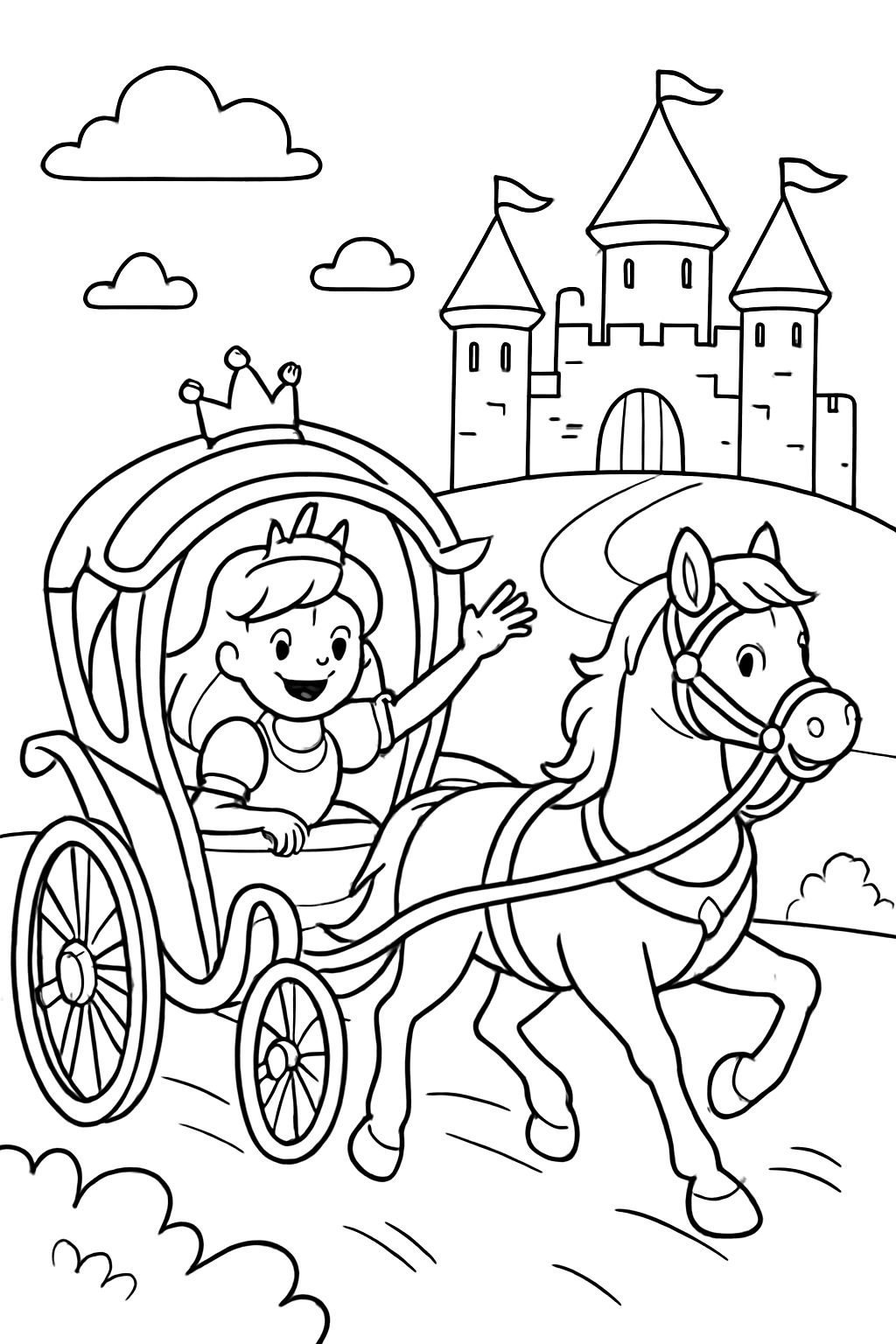 Cheval avec une princesse dans une calèche et un château