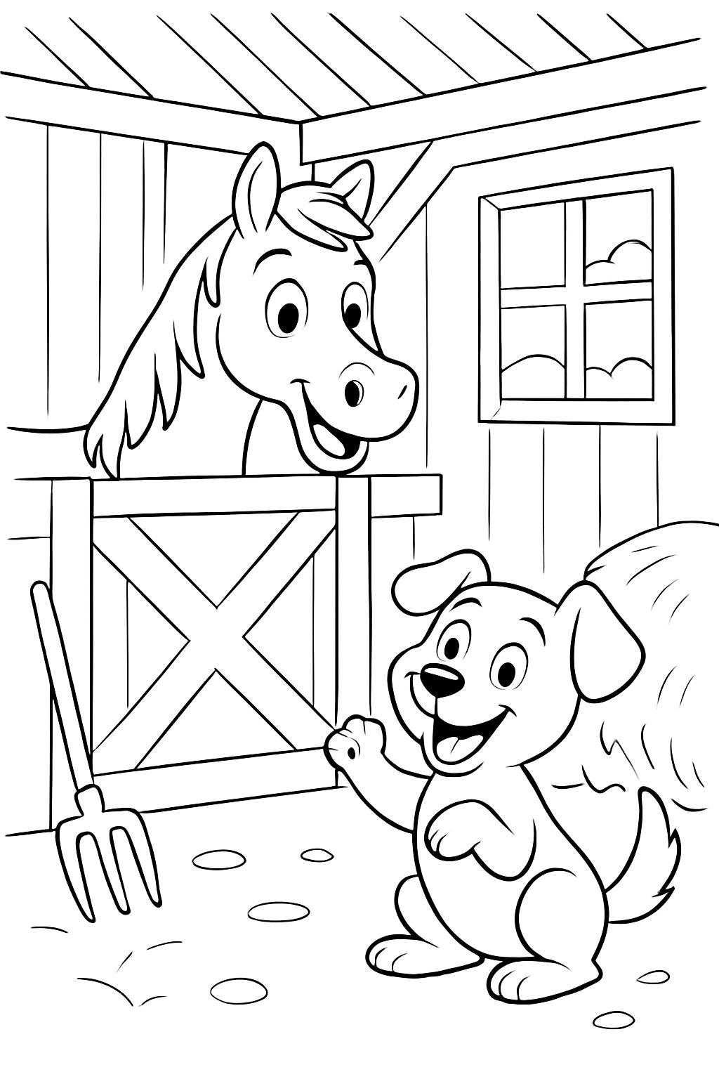 A whole horse in the stable with a dog
