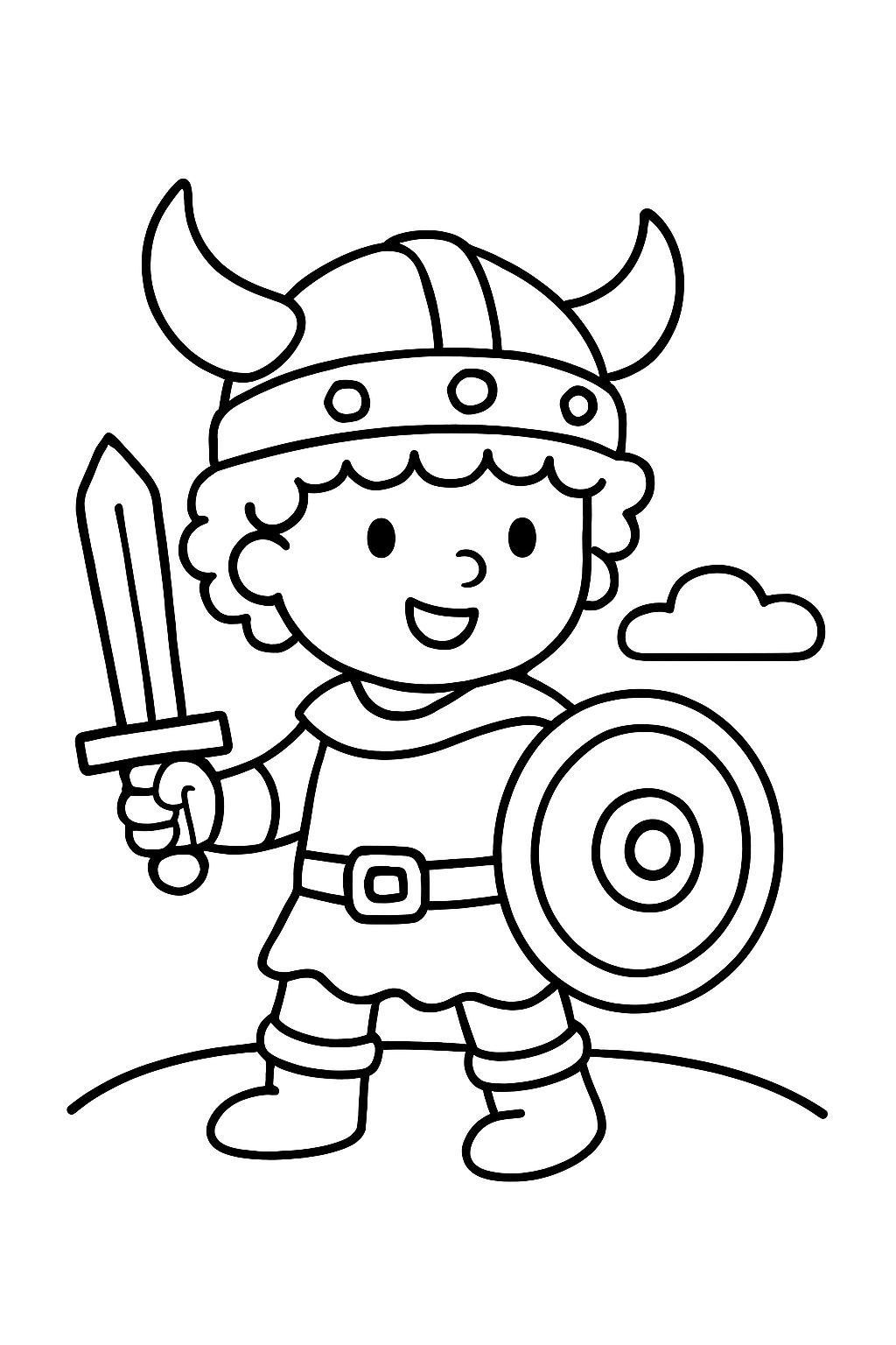 A little curly-haired boy dressed as a Viking.