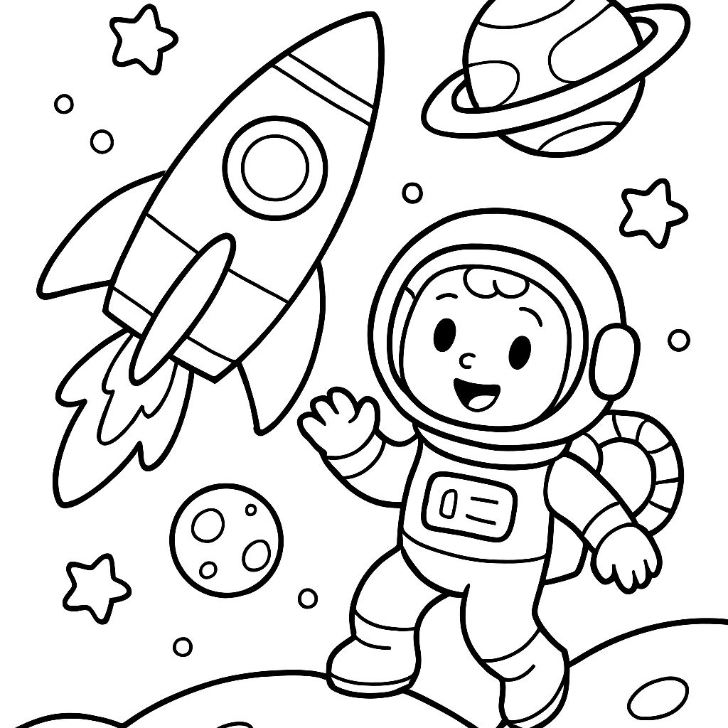 Uma cena espacial com um foguete, astronauta, planetas e estrelas Uma cena espacial com um foguete, astronauta, planetas e estrelas