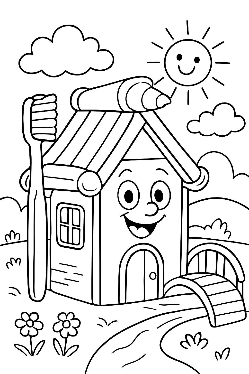 Uma casa feita de escovas de dente. O telhado é feito de tubos de creme dental. Ao lado da casa há uma ponte.