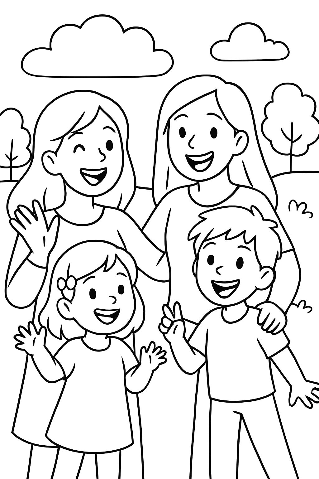 zwei Mütter mit langen Haaren mit einem kleinen Mädchen und zwei Jungen im Alter von 5 und 7 Jahren