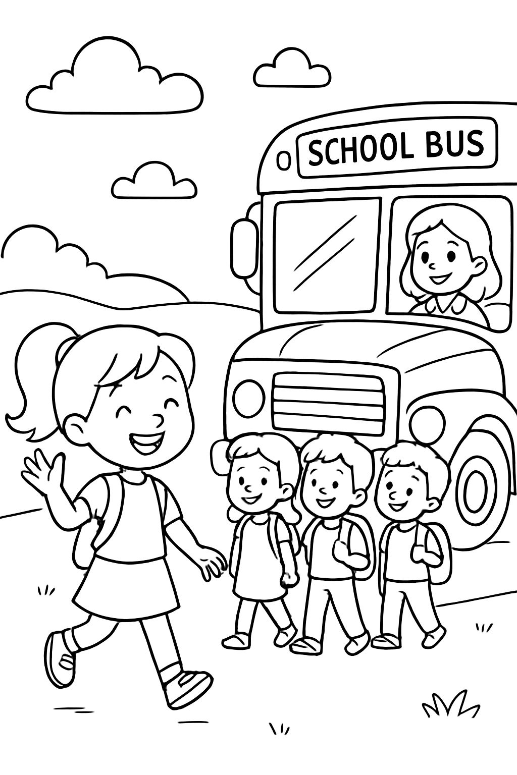 um ônibus escolar com uma motorista e uma fila de crianças para entrar. uma menina de 6 anos com um rabo de cavalo acenando para os amigos. um ônibus escolar com uma motorista e uma fila de crianças para entrar. uma menina de 6 anos com um rabo de cavalo acenando para os amigos.