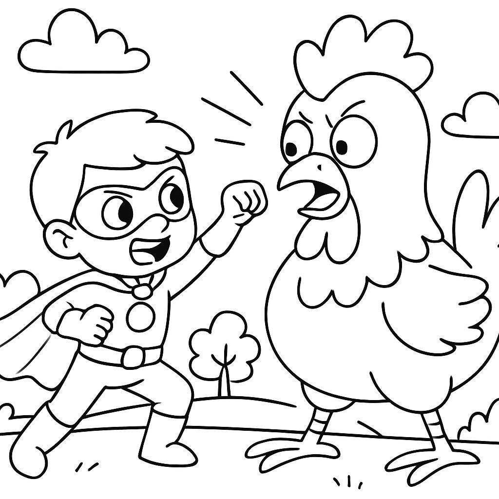 Un brave super-héros combattant un poulet géant Un brave super-héros combattant un poulet géant