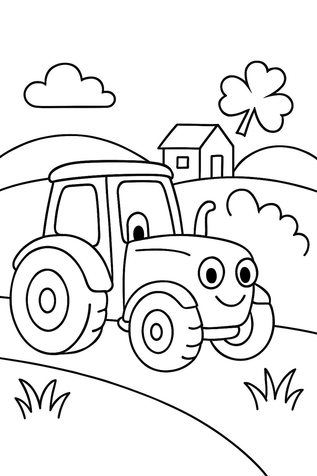 Little tractor driving through Irish farmland, simple design, easy coloring page for preschool