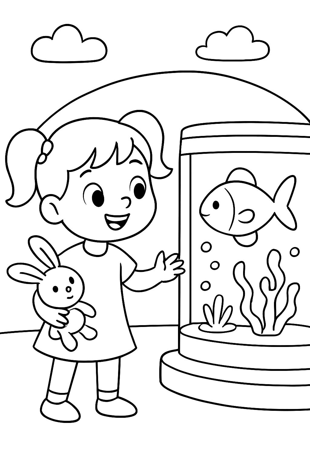 Petite fille avec des couettes et un lapin visitant un aquarium