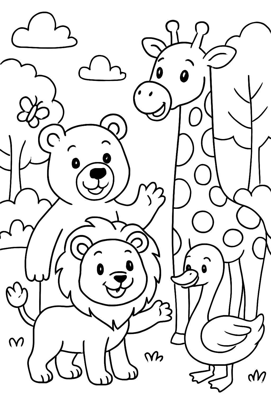 A family of four: A mama bear, a papa giraffe, a big sister lion and a little sister swan.