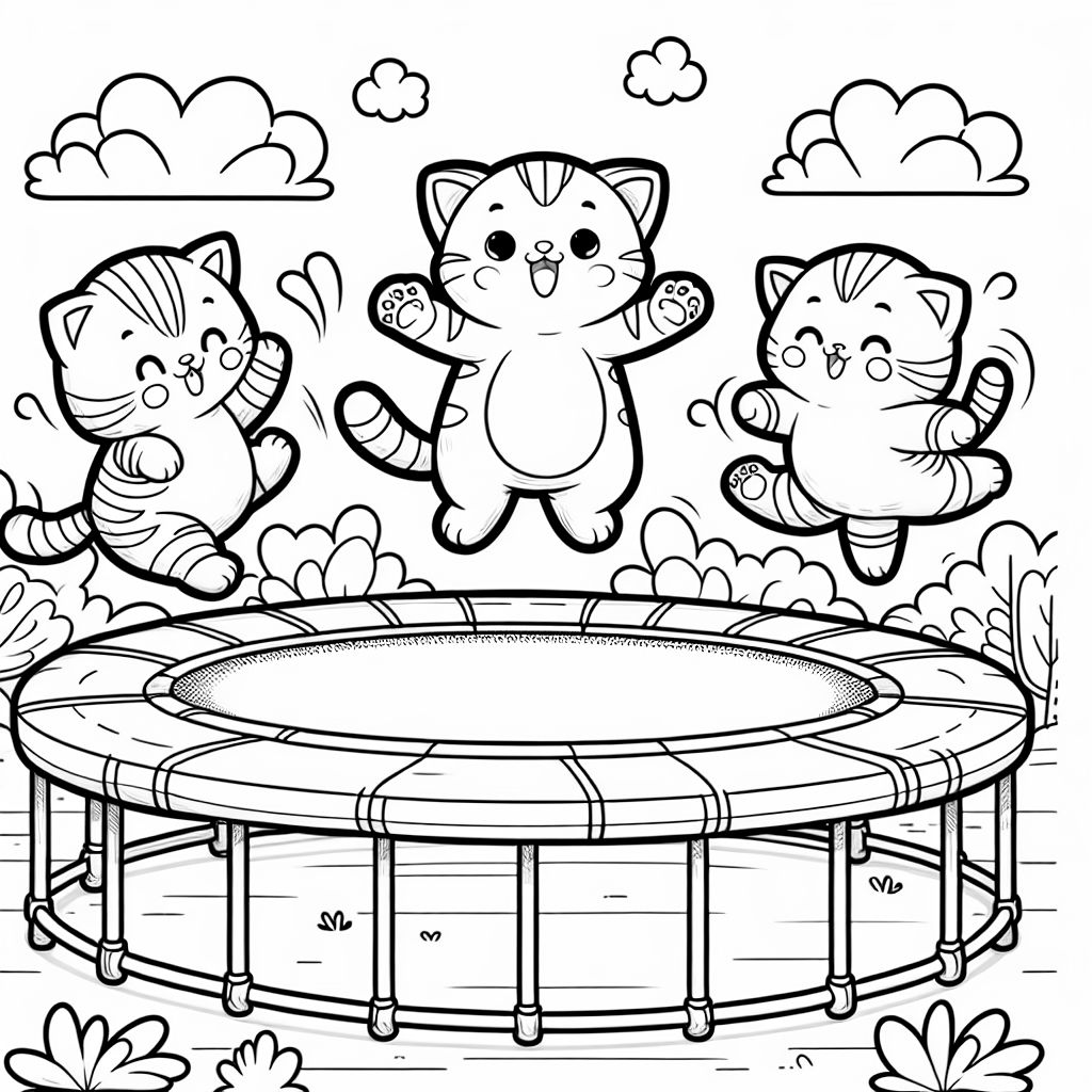 Un trampoline avec 3 chatons - 2 rayés et 1 uni. Un trampoline avec 3 chatons - 2 rayés et 1 uni.