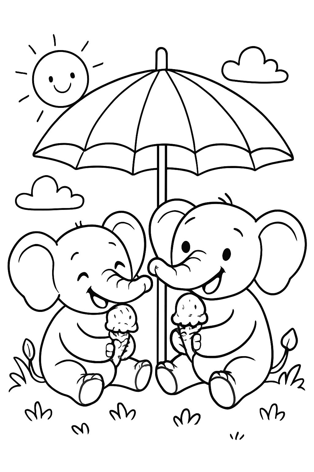 Deux petits éléphants dégustant joyeusement une glace à la fraise sous un parasol