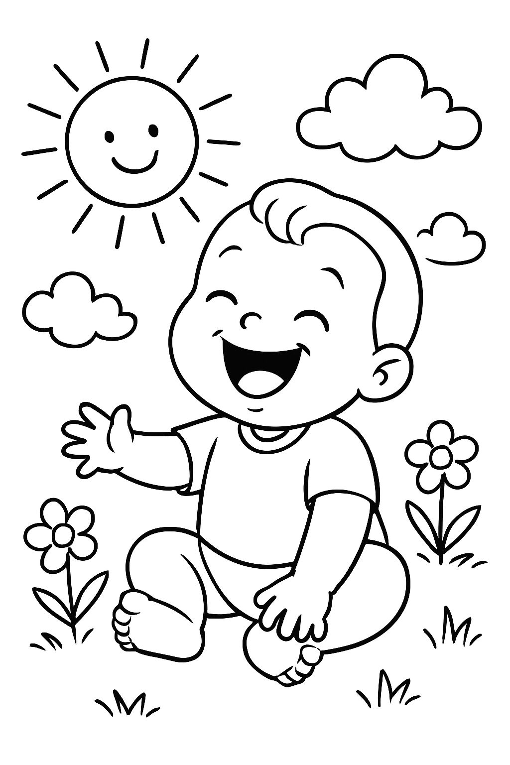 Baby sitting on the ground and laughing