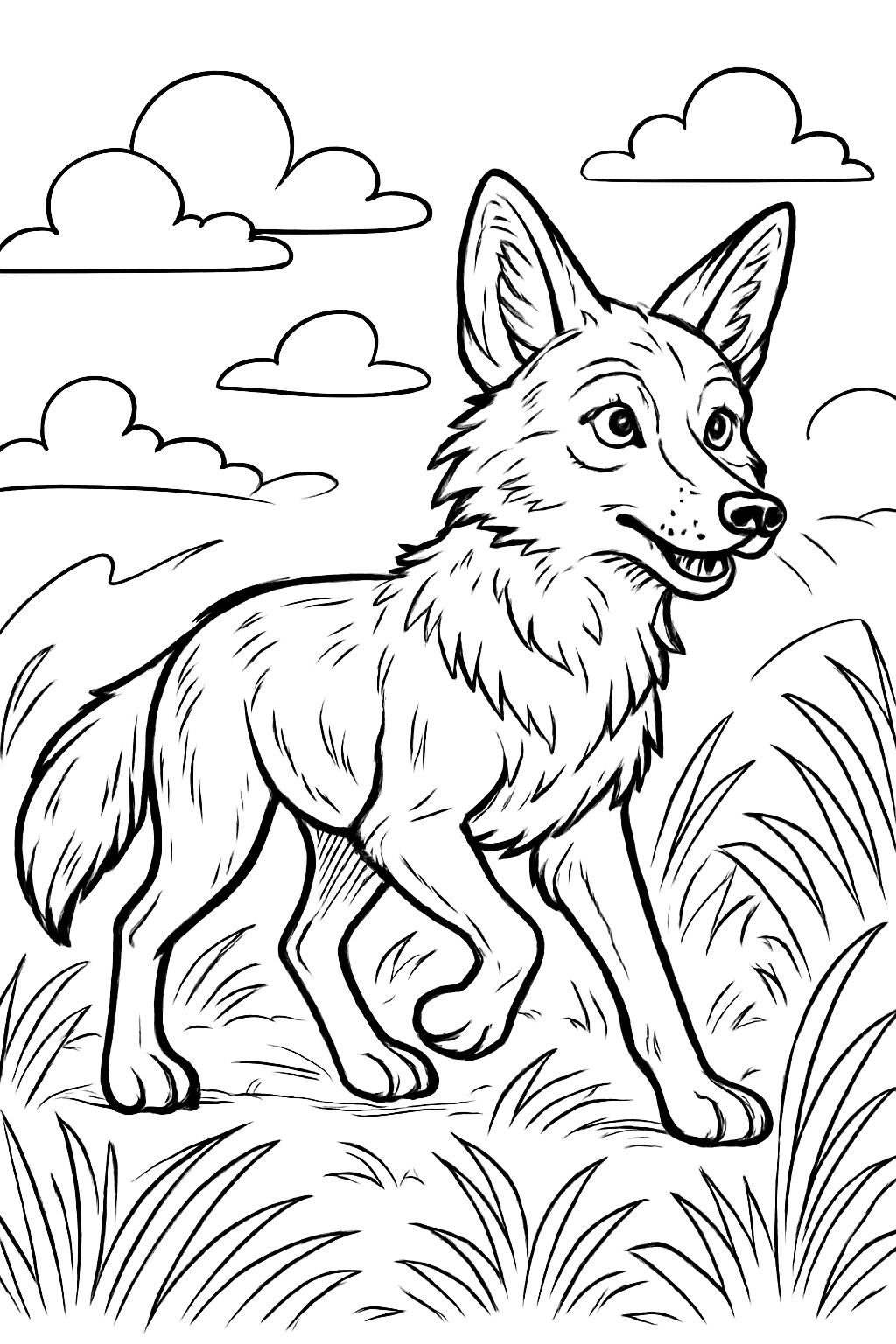 a realistically drawn coyote in the grass