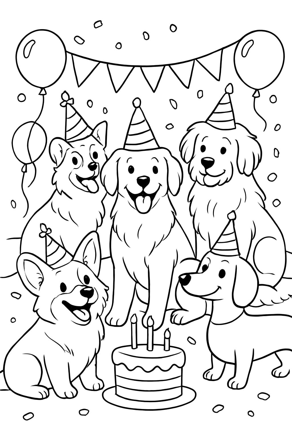 Crie uma página para colorir de cães em uma festa de aniversário, um corgi, um border collie, um golden retriever, um cão salsicha e um cão pastor, todos usando chapéus de festa. Crie uma página para colorir de cães em uma festa de aniversário, um corgi, um border collie, um golden retriever, um cão salsicha e um cão pastor, todos usando chapéus de festa.