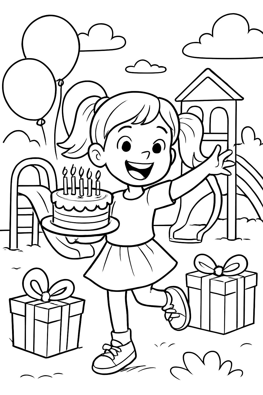 Färbebild mit der Aufschrift "Alles Gute zum 7. Geburtstag". Kleines Mädchen auf dem Spielplatz mit Kuchen, Ballons und Geschenken. Färbebild mit der Aufschrift "Alles Gute zum 7. Geburtstag". Kleines Mädchen auf dem Spielplatz mit Kuchen, Ballons und Geschenken.