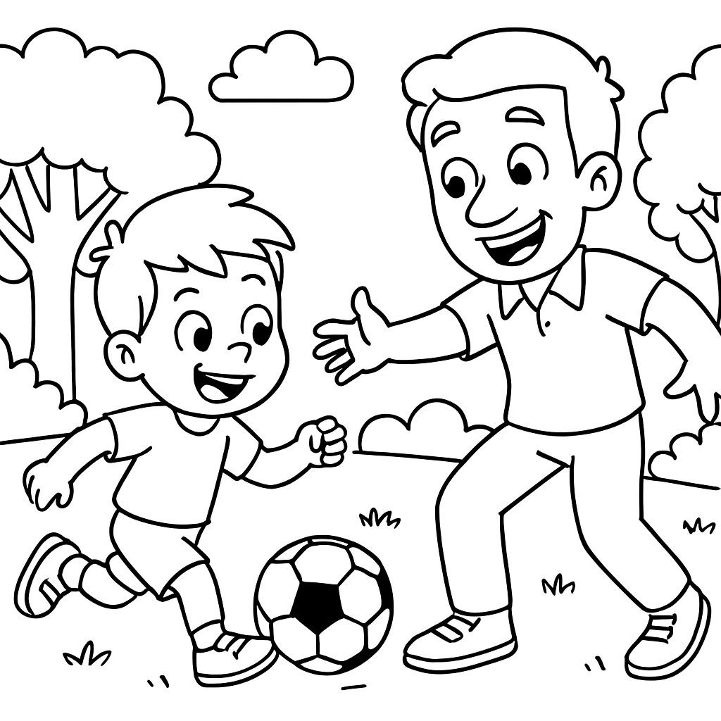 Fils et père jouant au football.