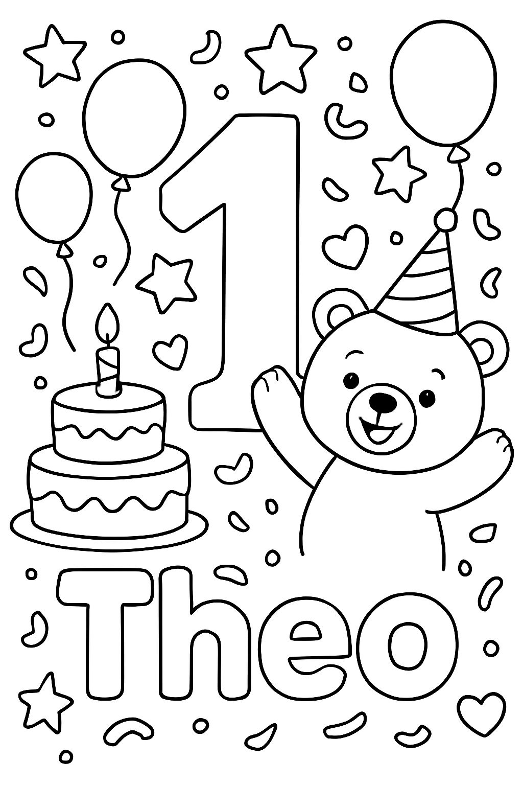 Desenho para colorir de aniversário simples para uma criança pequena. No centro, há um enorme número "1". Há bolo, balões, estrelas, corações, confetes e um urso. Um texto grande e fácil de colorir diz "Theo". Arte de linha de alta qualidade, contornos pretos grossos, fundo completamente branco, sem gradientes ou sombras. Desenho para colorir de aniversário simples para uma criança pequena. No centro, há um enorme número "1". Há bolo, balões, estrelas, corações, confetes e um urso. Um texto grande e fácil de colorir diz "Theo". Arte de linha de alta qualidade, contornos pretos grossos, fundo completamente branco, sem gradientes ou sombras.