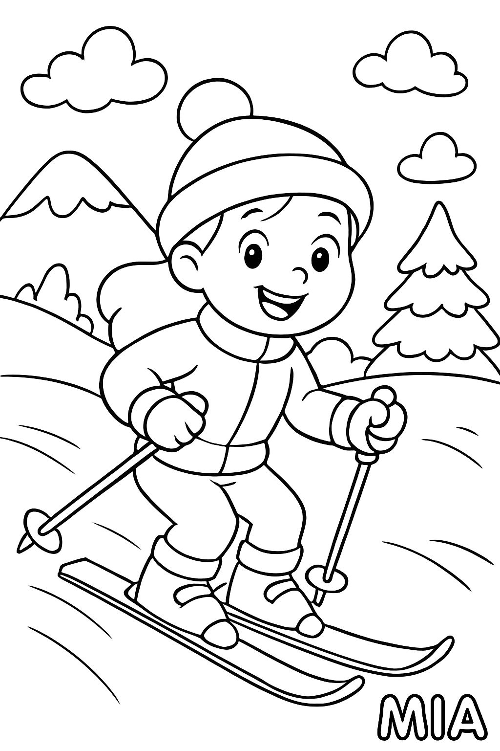 Girl skier, the name Mia in the corner