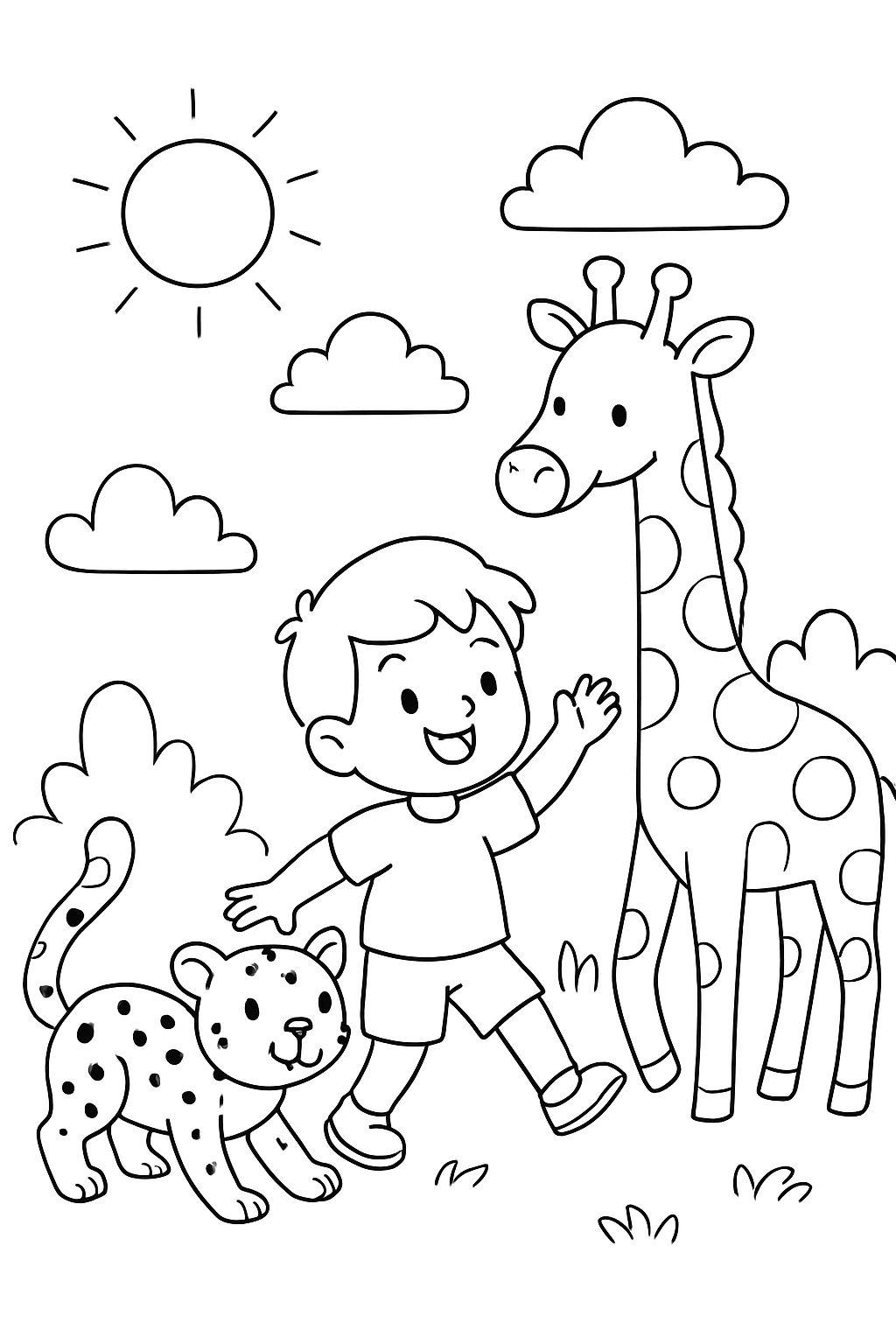 Un guépard et une girafe jouent avec un petit garçon.