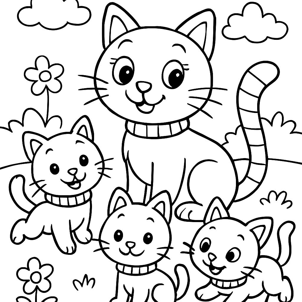 A cat and her 3 kittens each with a collar that is striped and the cat has a striped tail. A cat and her 3 kittens each with a collar that is striped and the cat has a striped tail.