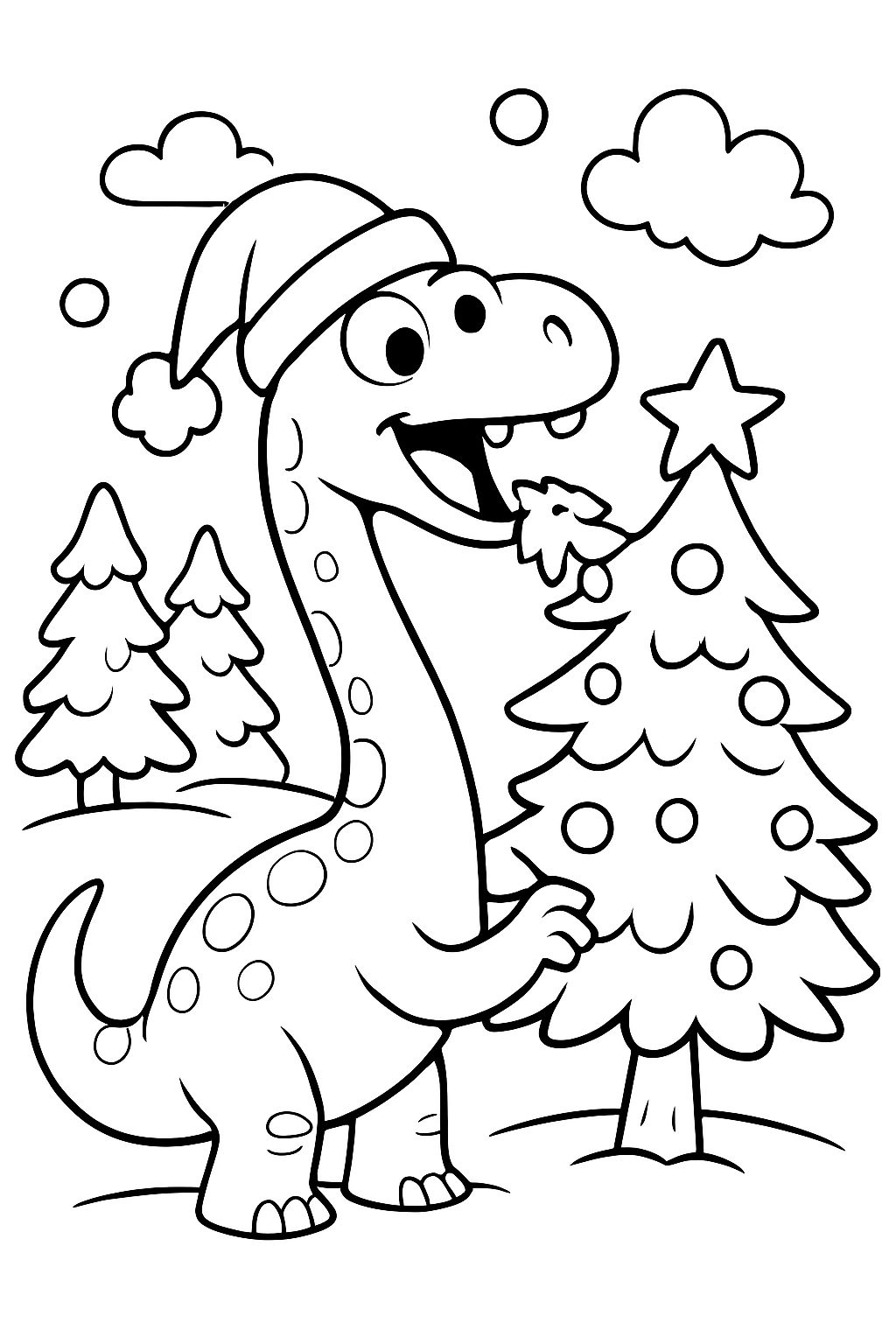 Long neck dinosaur wearing a santa hat eating a christmas tree.