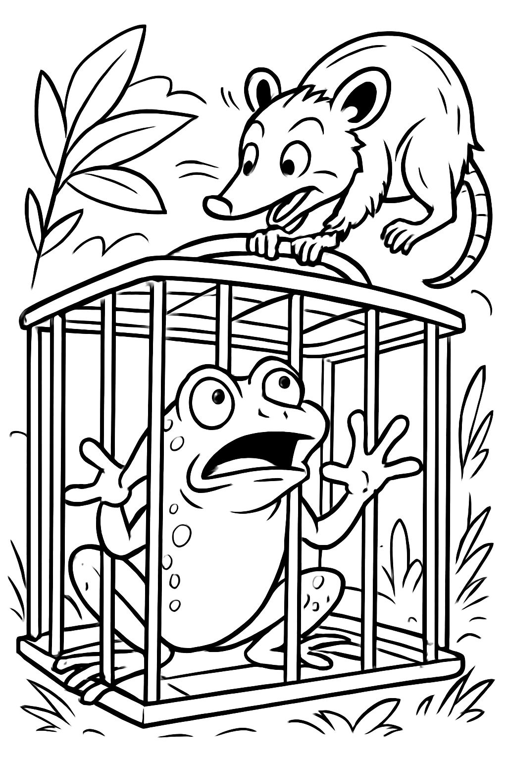 frog inside a frog cage with a possom in it