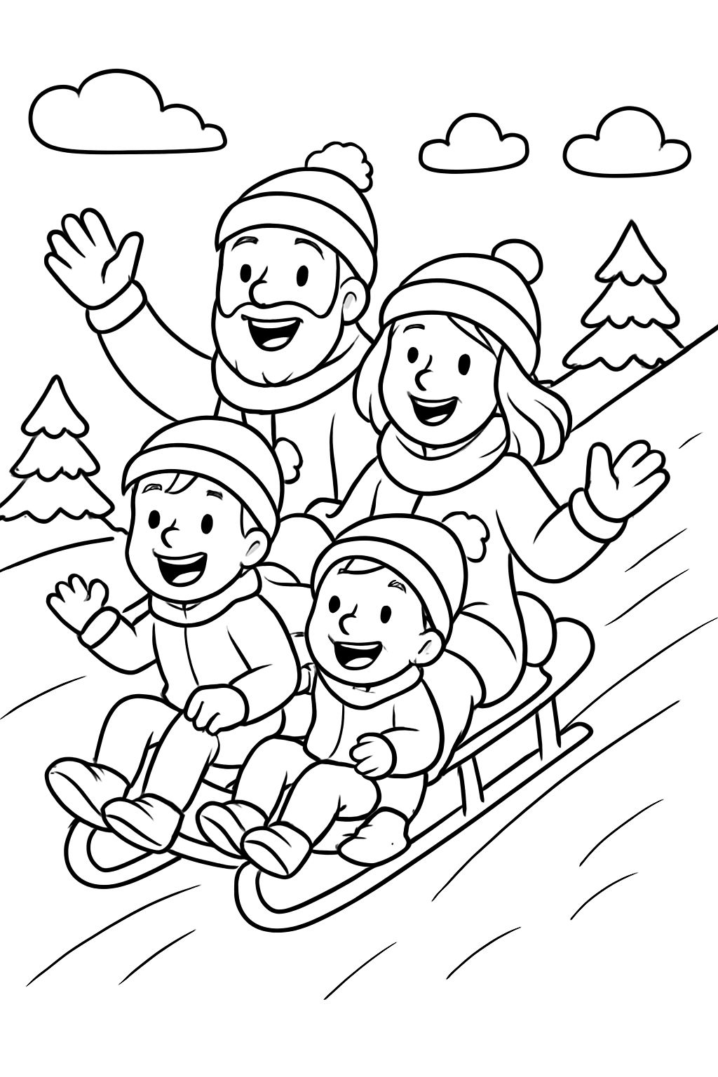 Um pai barbudo de 36 anos, uma mãe baixa de 32 anos, um menino de 3 anos e um menino de 2 anos descendo uma colina nevada de trenó juntos. Um pai barbudo de 36 anos, uma mãe baixa de 32 anos, um menino de 3 anos e um menino de 2 anos descendo uma colina nevada de trenó juntos.