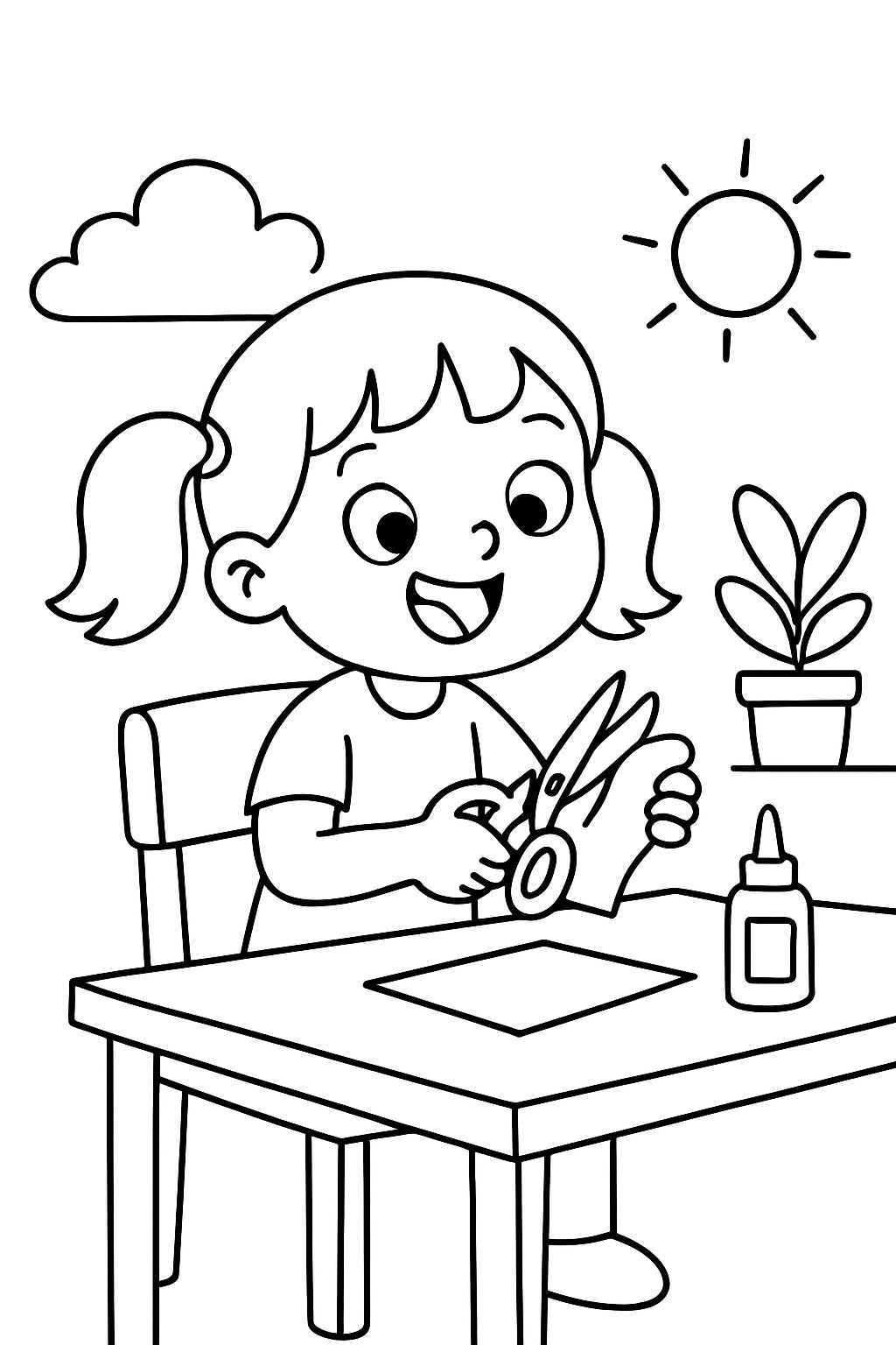 Niña usando las tijeras sentada en una silla, en una mesa. Niña usando las tijeras sentada en una silla, en una mesa.