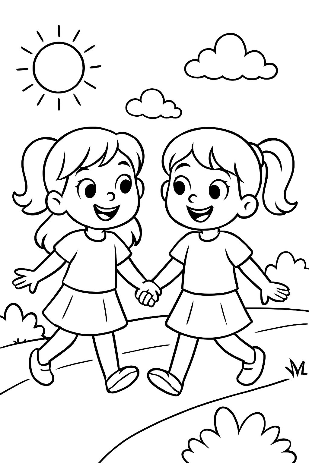 Two twin girls walking