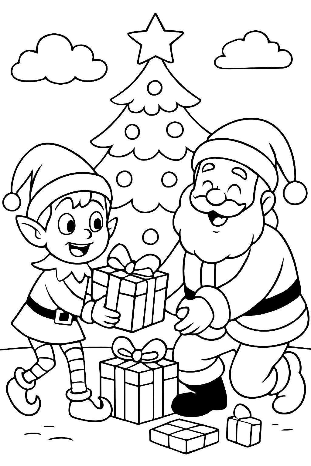 Elf and Santa putting gifts under the tree