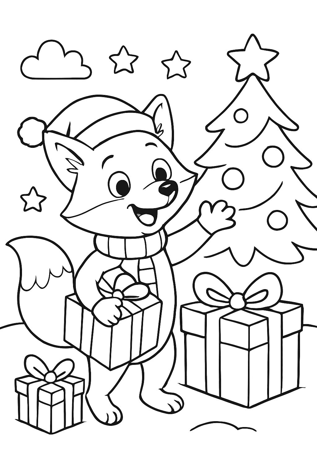 Ein Weihnachtsfuchs mit Geschenken und einem Weihnachtsbaum Ein Weihnachtsfuchs mit Geschenken und einem Weihnachtsbaum
