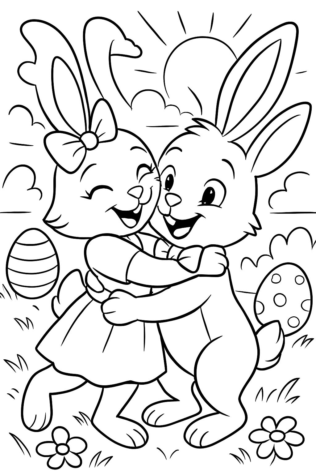 a girl Easter bunny and a boy Easter bunny hugging