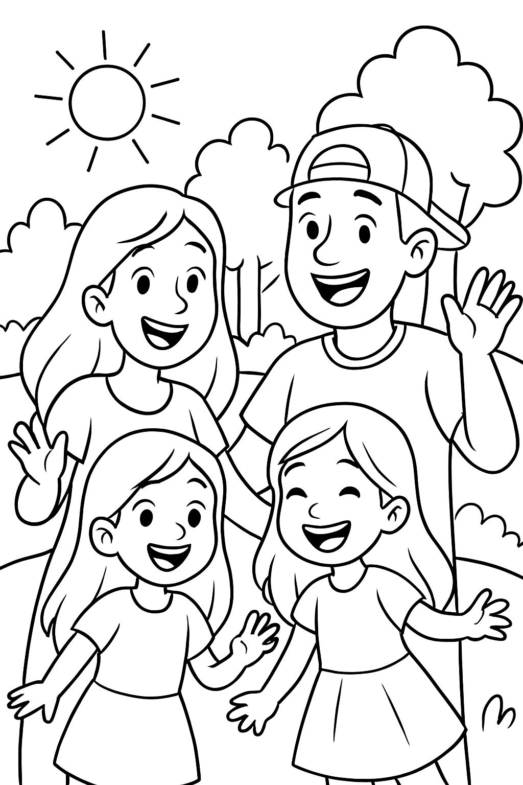 A mom with long hair, a dad with a backwards hat, 2 daughters with long hair.