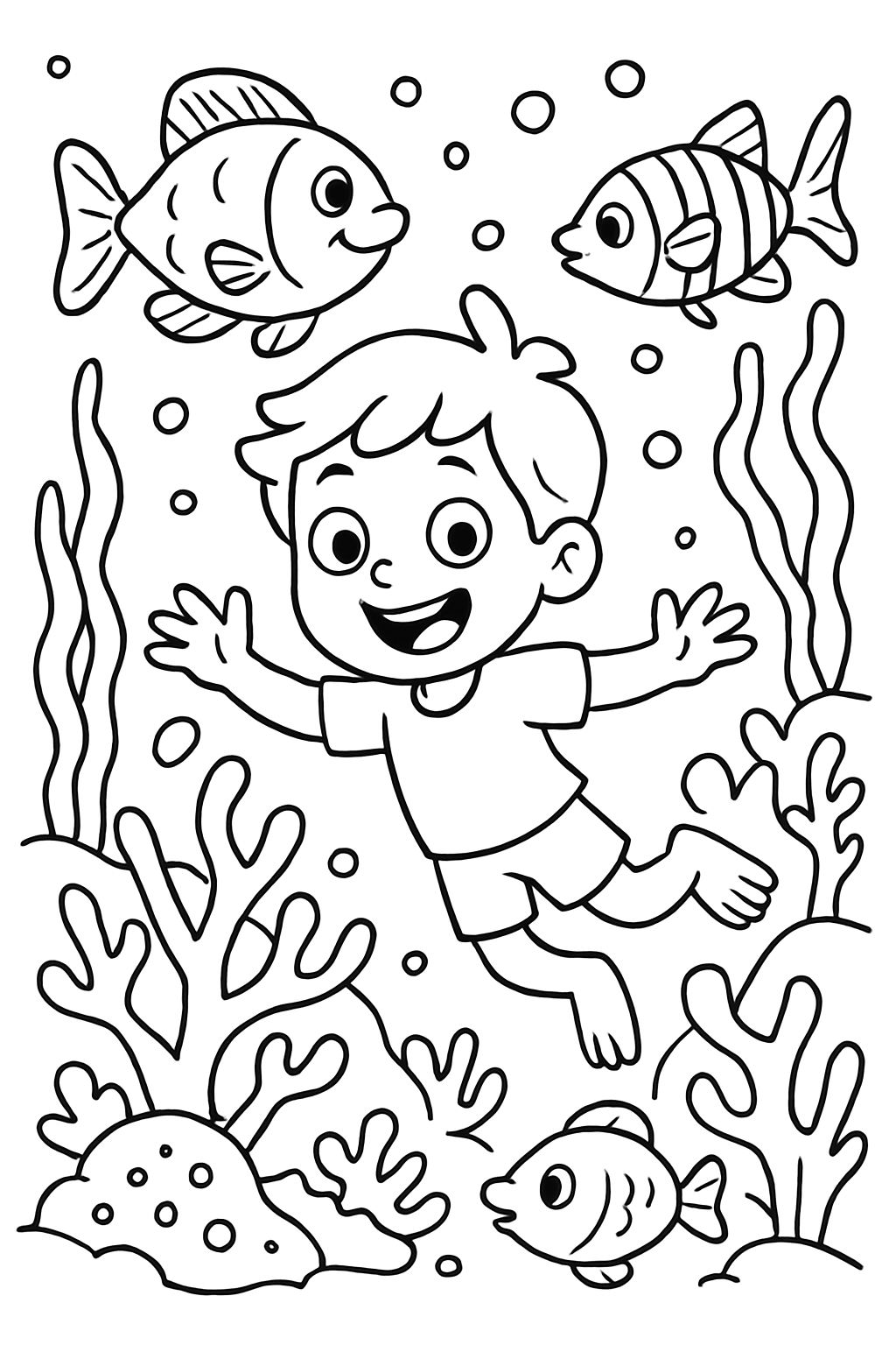 Meeresboden mit Fischen, Algen und Korallen