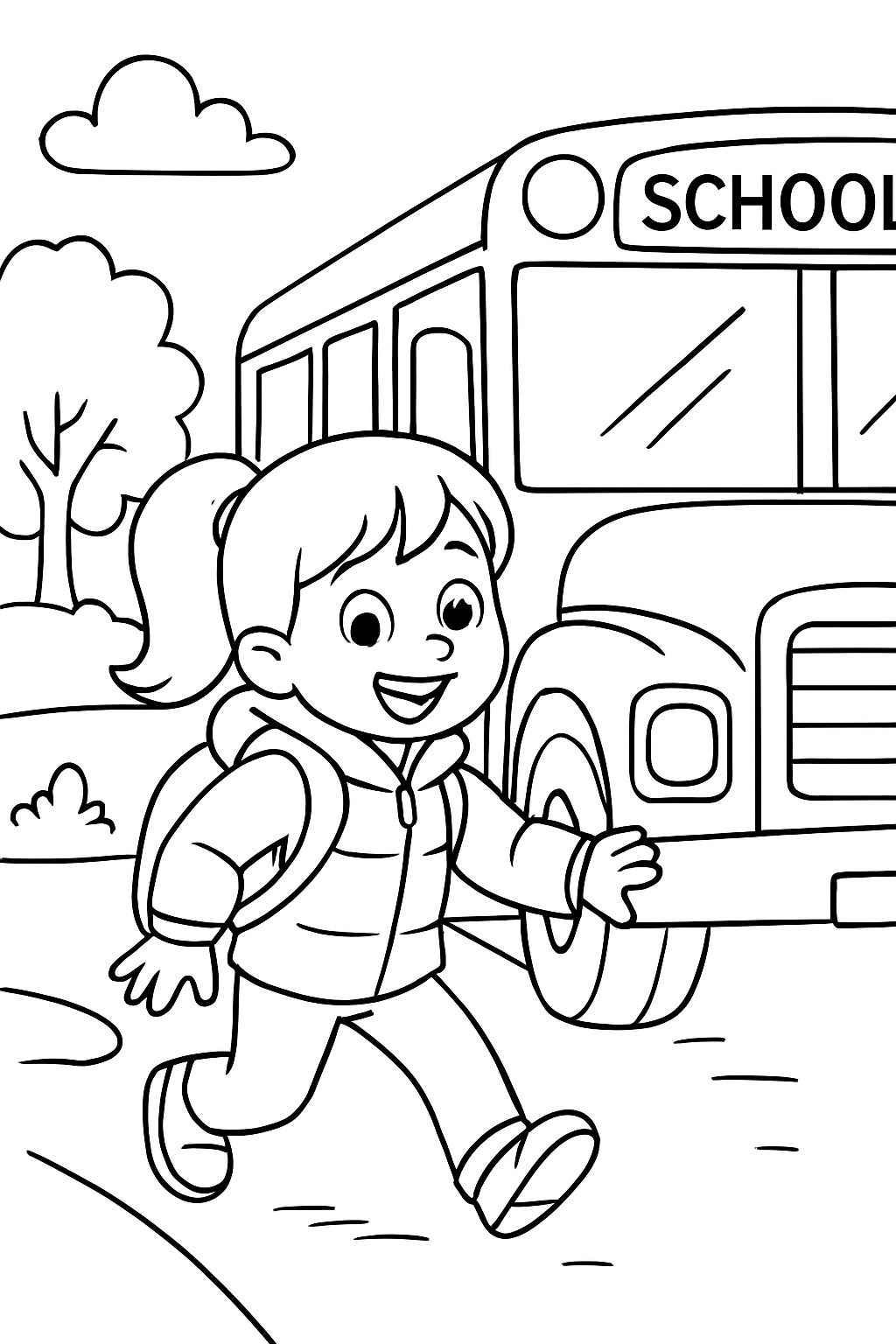 Fille de 6 ans avec une queue de cheval, une veste d'hiver et un sac à dos, descendant du bus scolaire pour rentrer chez elle. Fille de 6 ans avec une queue de cheval, une veste d'hiver et un sac à dos, descendant du bus scolaire pour rentrer chez elle.