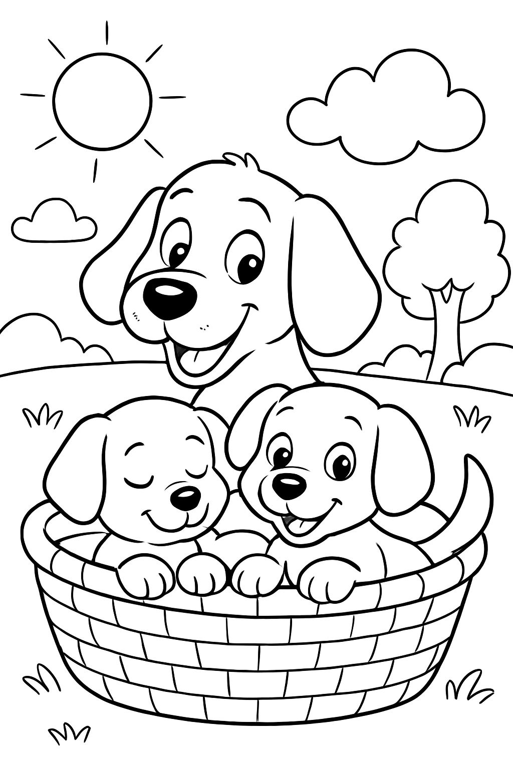 Chien avec des chiots dans un panier
