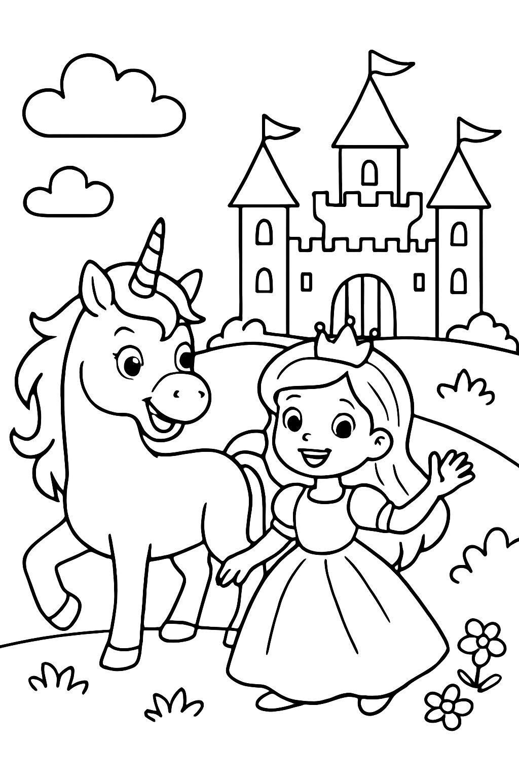 A unicorn with a princess outside a castle