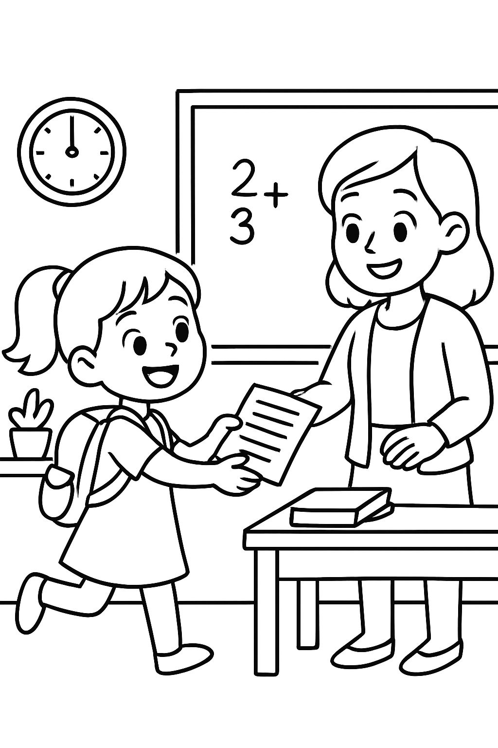 Uma aluna entregando seu trabalho ao professor.