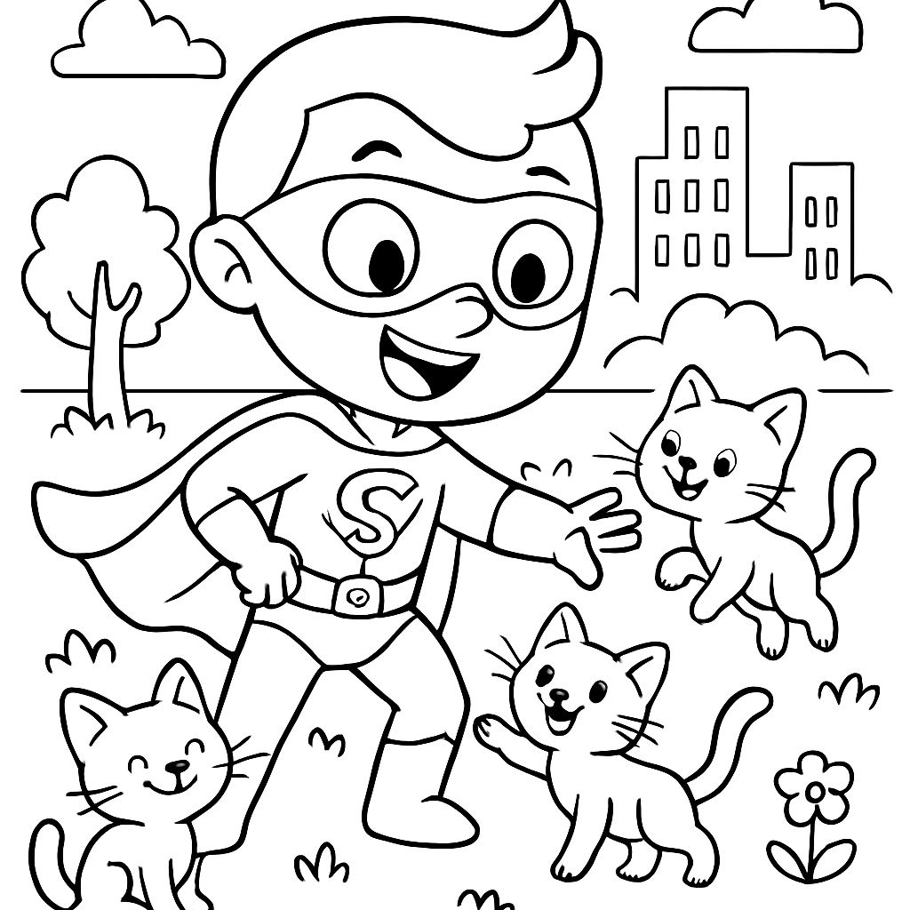 A superhero meeting kittens. A superhero meeting kittens.