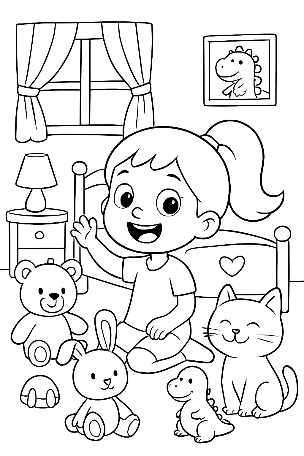 Menina de 6 anos com um rabo de cavalo em seu quarto cheio de bichos de pelúcia Menina de 6 anos com um rabo de cavalo em seu quarto cheio de bichos de pelúcia