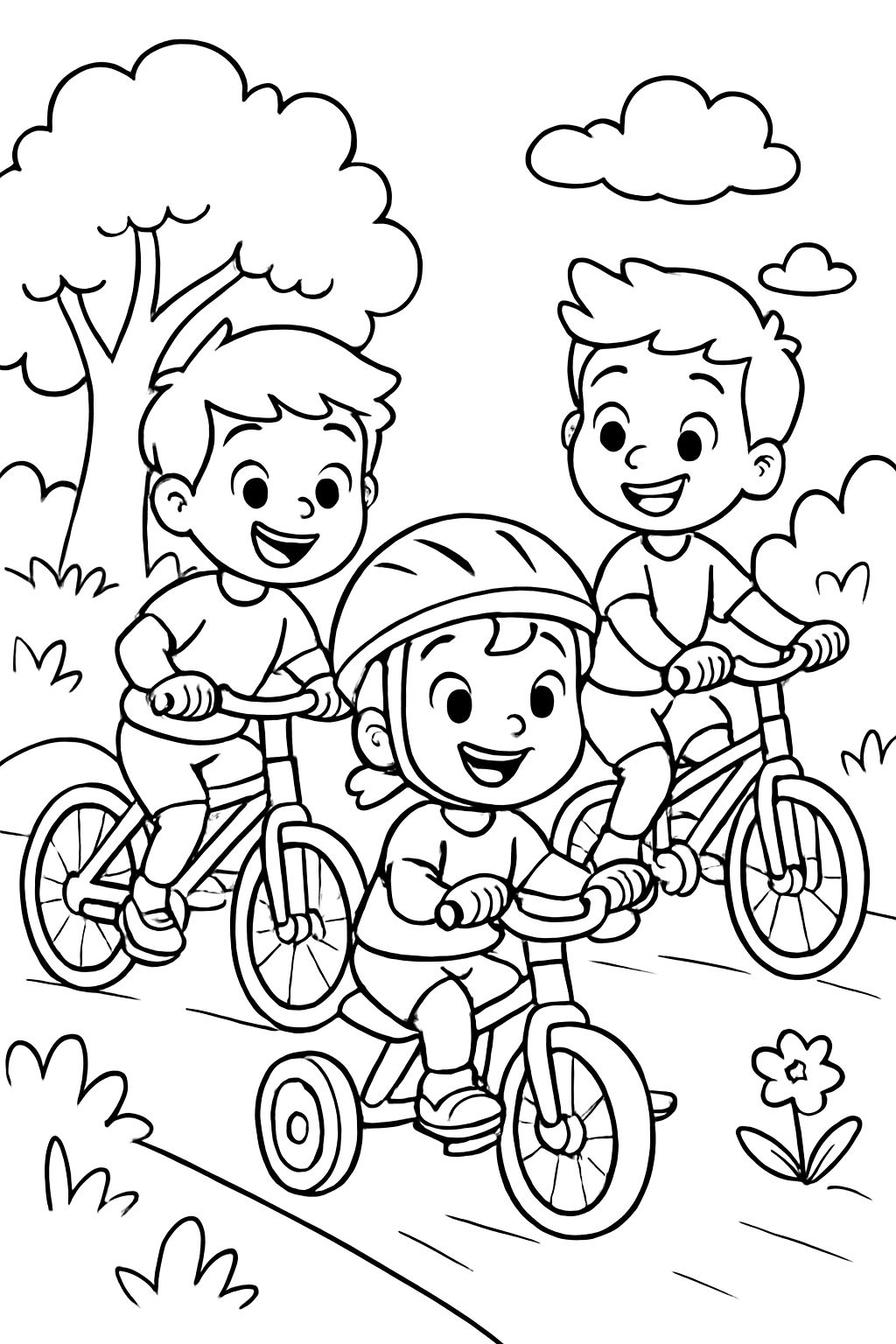 A 2 year old riding a trike with 2 boys aged 5 and 7 riding bikes.