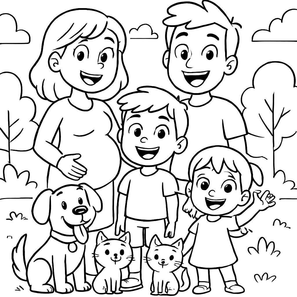 Une famille avec une maman enceinte, un papa, un grand garçon, une petite fille, un chien et deux chats. Une famille avec une maman enceinte, un papa, un grand garçon, une petite fille, un chien et deux chats.
