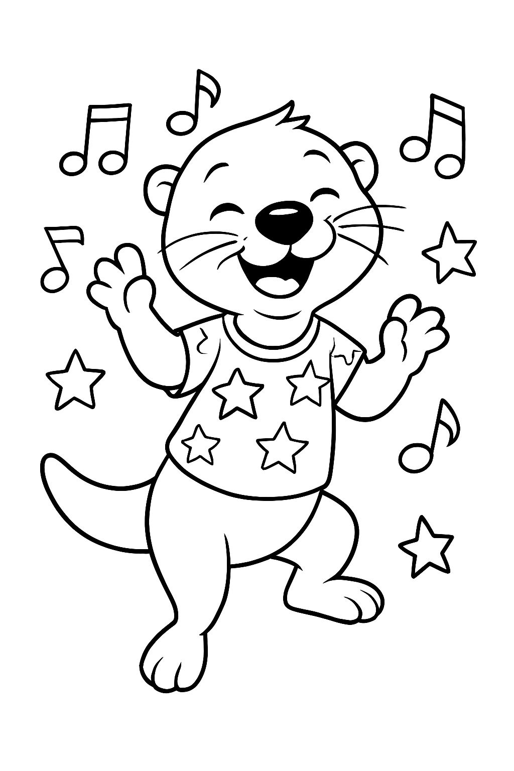 a dancing otter with a black nose in a t-shirt with stars and notes around
