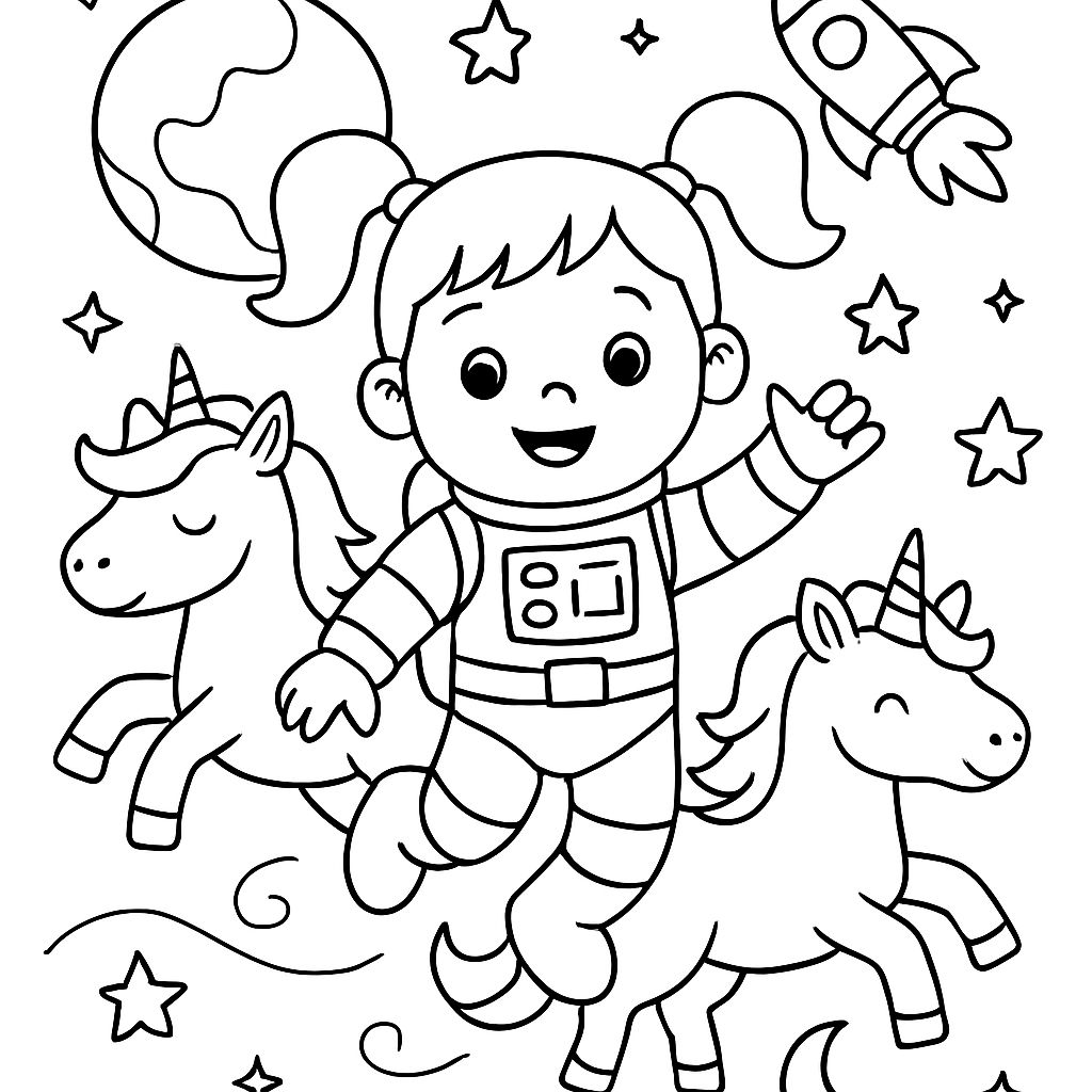 fille avec des couettes dans l'espace en tant qu'astronaute avec des licornes fille avec des couettes dans l'espace en tant qu'astronaute avec des licornes