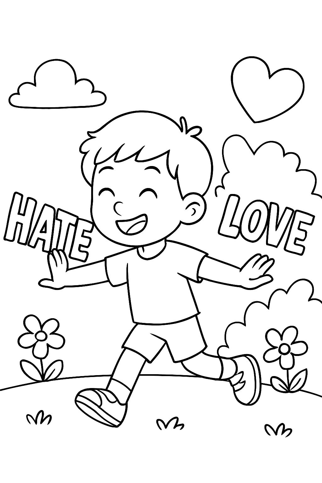 A boy pushing away the word "hate" with one hand and receiving the word "love" with the other.