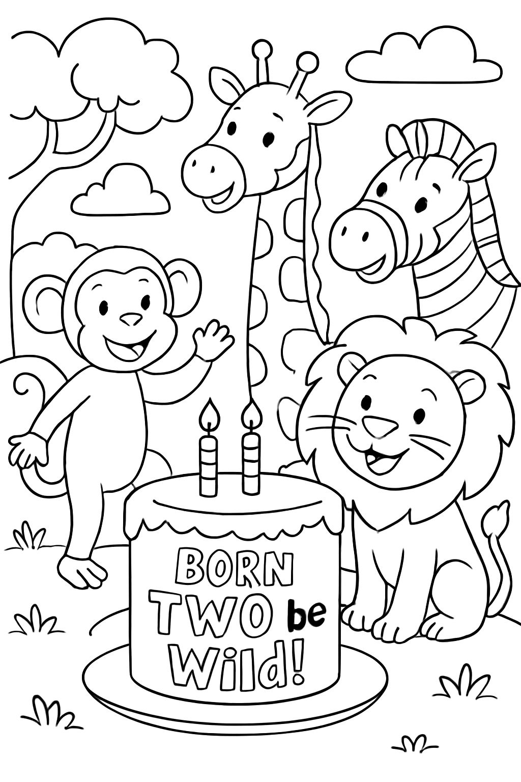 Animaux du zoo et un gâteau d'anniversaire avec la mention "Born TWO be Wild!"