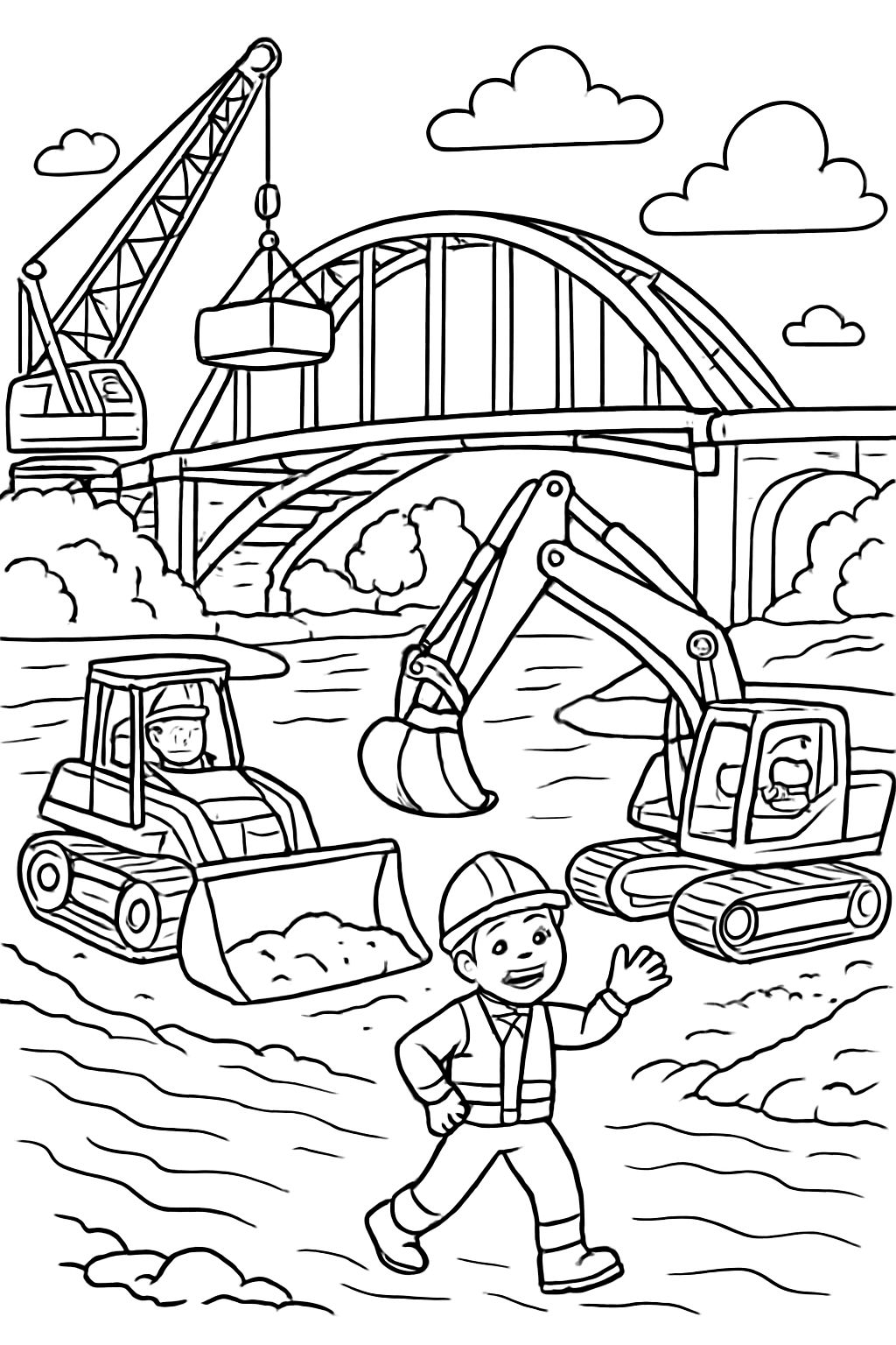 A bridge construction site - construction vehicles are building a bridge over a large river.
