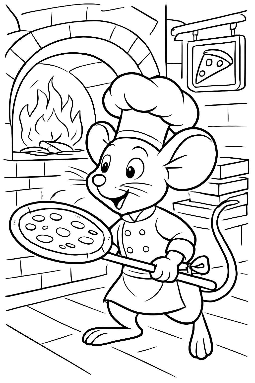 une souris qui cuit une pizza au fromage dans une pizzeria une souris qui cuit une pizza au fromage dans une pizzeria